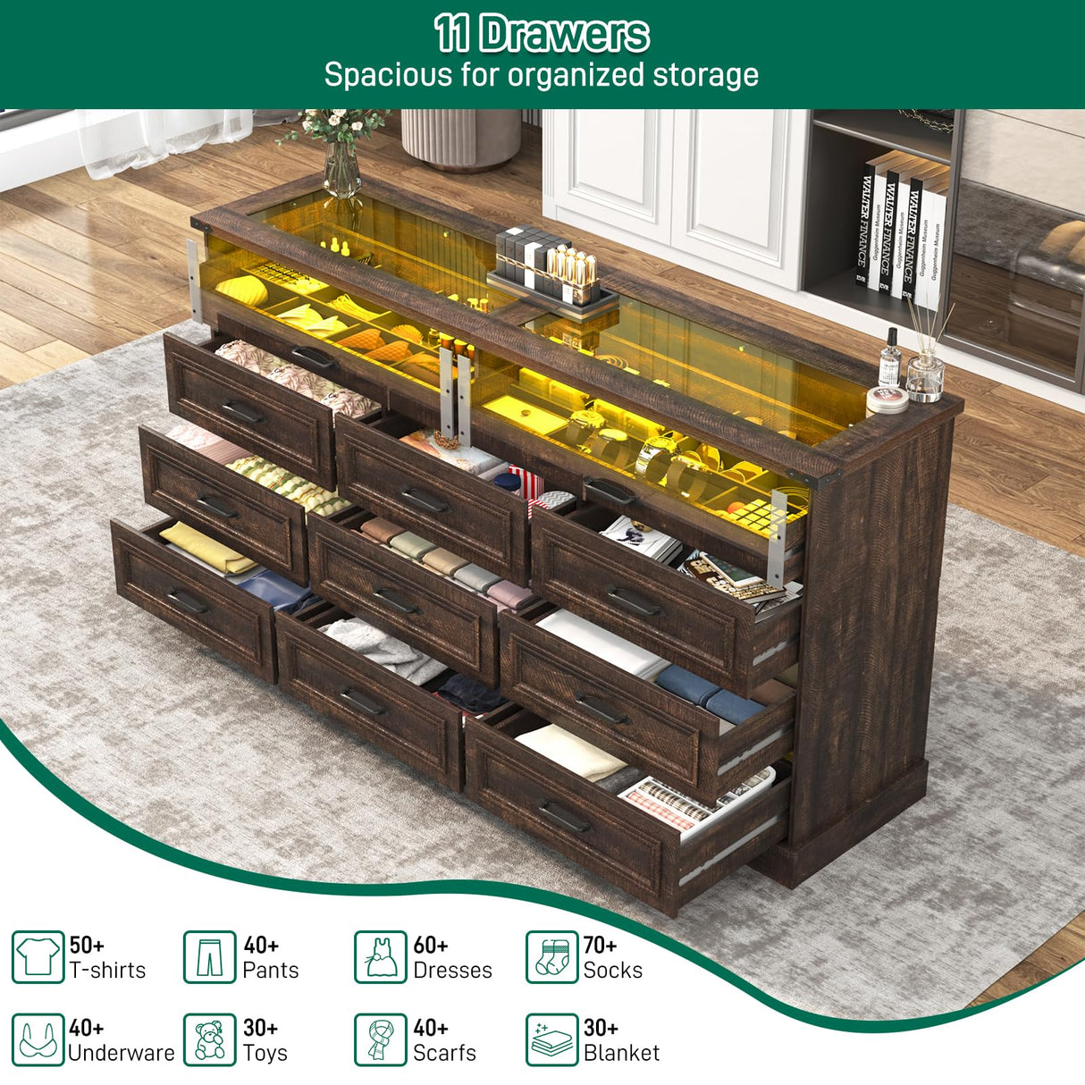 Hlivelood 63" Farmhouse 11 Drawer Dressers for Bedroom, Brown Wood Dresser w/Glass Top&Front Display Organizer, Bedroom Closet Island Chest of Drawers, for Living Room, Bedrooms, Hallway, Brown Hlivelood