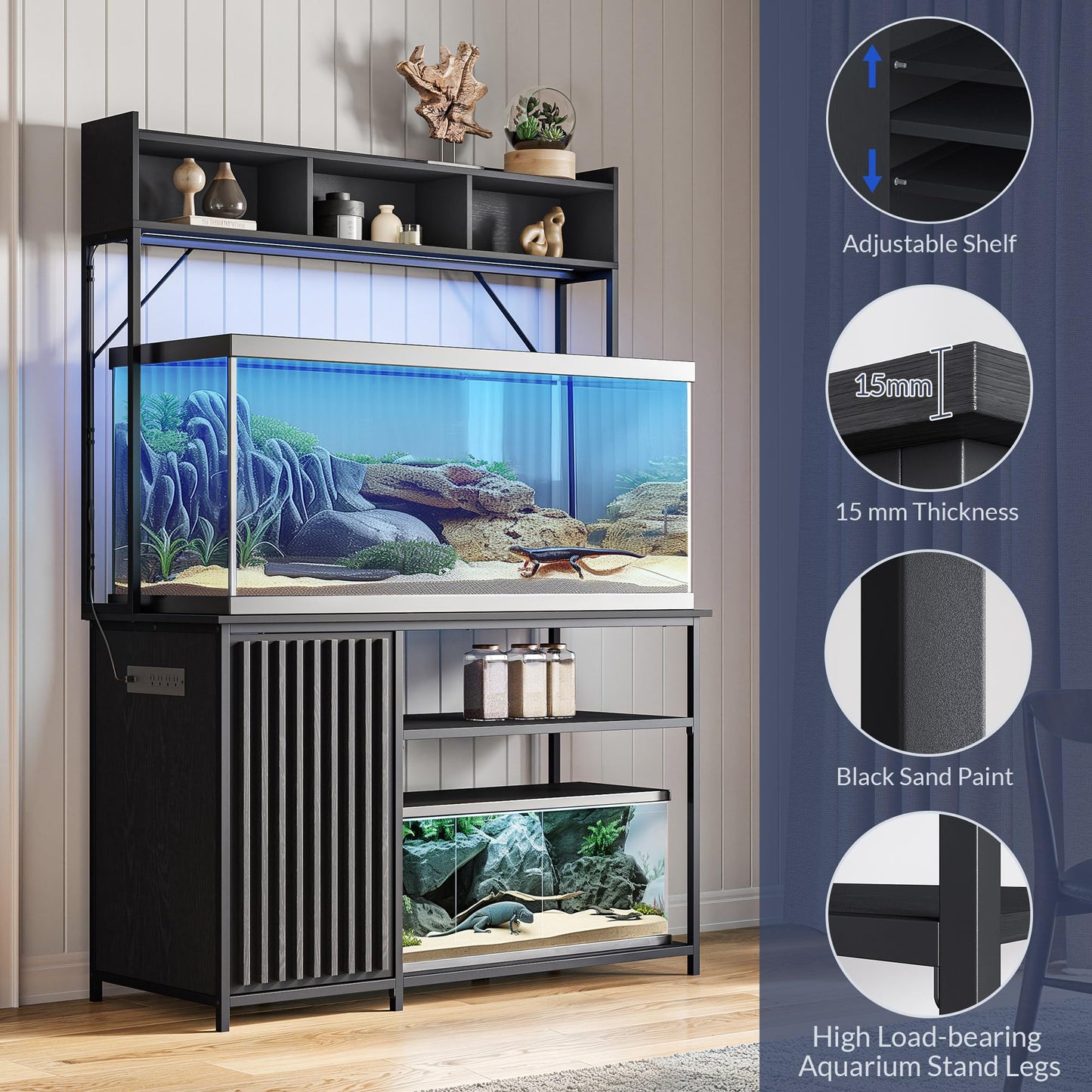 BELLEZE Aquarium Stand with LED Lights 55-90 Gallon, Fish Tank Stand with Heavy Duty Metal Fluted Storage Cabinet and Power Outlets, 1200 LBS Capacity,Fish Turtle Tank Compatible, Black Ebony - WoodArtSupply