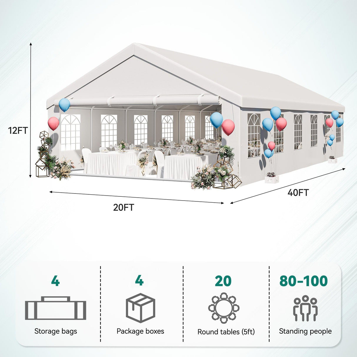 YITAHOME 20x40 ft Party Tent Outdoor Wedding Event Shelters Heavy Duty Upgraded Galvanized Canopy with Large White Roof, Removable Sidewalls YITAHOME