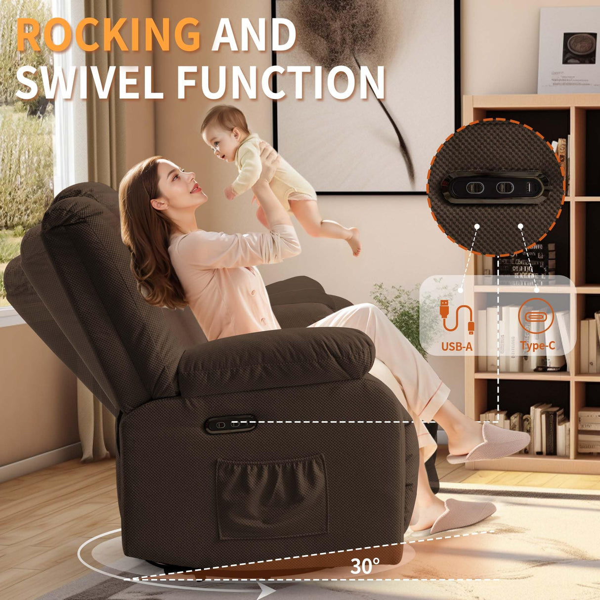 Korser Oversized Power Recliner Chair, Swivel Rocking Chair for Adults, Electric Glider Reclining with Massage and Heating, Waffle Fabric Rocker Recliner with Side Pockets for Living Room, Bedroom Korser