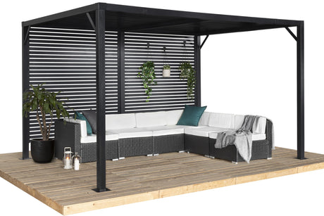 Sojag Meeru 9 ft. x 12 ft. Outdoor Aluminum Pergola with Rustproof Powder-Coated Frame, Welded Anchoring Plates, and Louvered Wall Design for Stylish Backyard Shade and Shelter Sojag