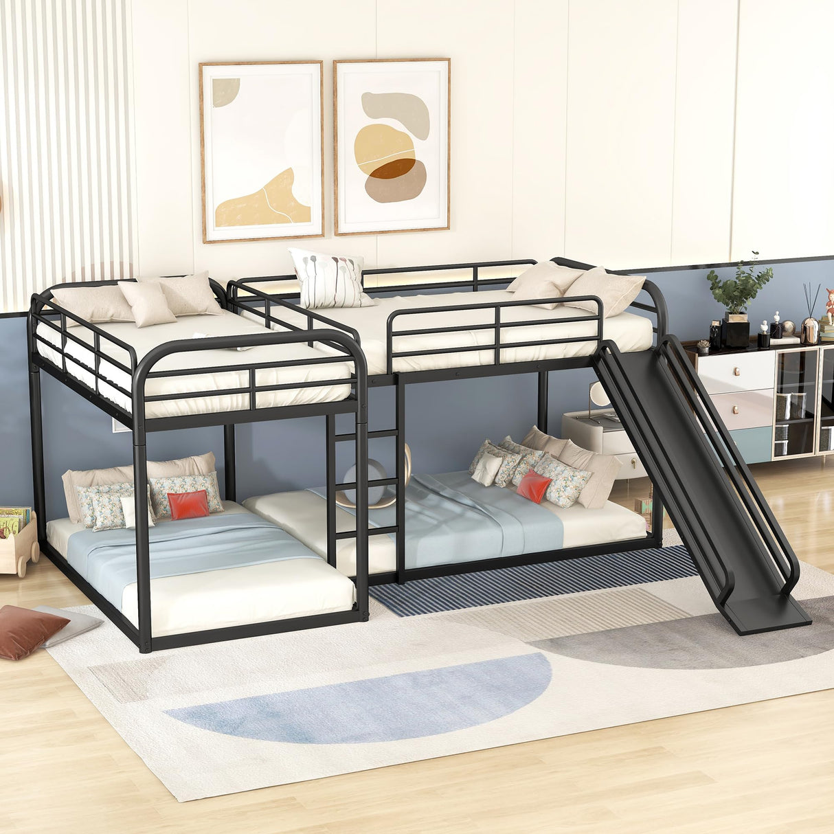 SOFTSEA L-Shaped Quad Bunk Beds for 4 Kids, Metal Triple Bunk Bed, No Box Spring Needed (Black, Twin and Full) SOFTSEA