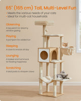 Feandrea Cat Tree, 65-Inch Tall Cat Tower, Multi-Level Cat Condo with Cave, Basket, Hammock, Pompom, Scratching Posts, Almond Yellow UPCT118Y01 Feandrea