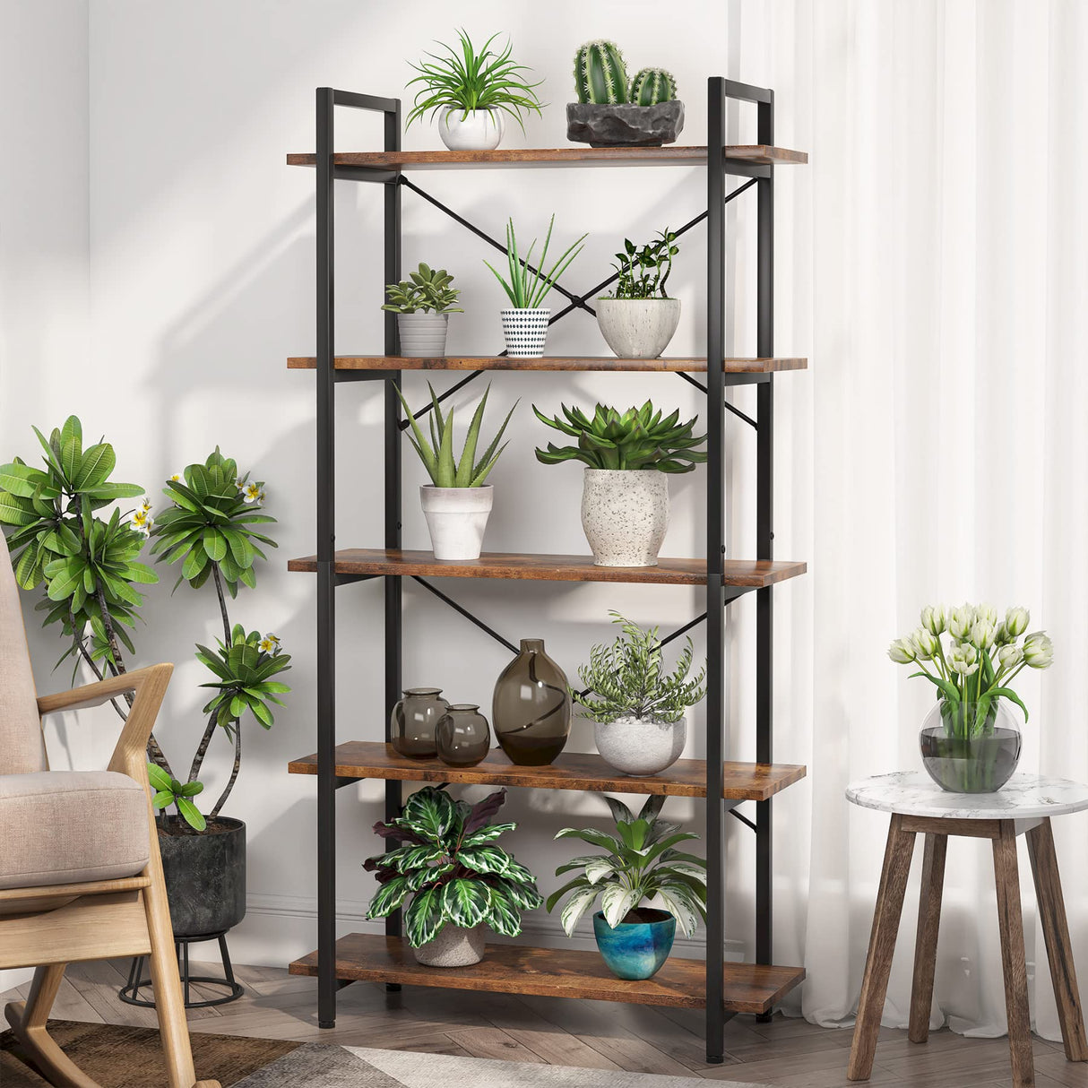 Tribesigns Industrial Rustic 5-Tier Bookshelf with Metal Frame for Living Room and Home Office Tribesigns