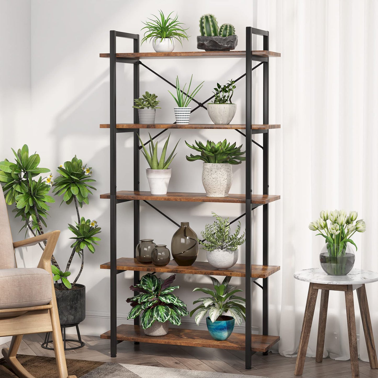 Tribesigns Industrial Rustic 5-Tier Bookshelf with Metal Frame for Living Room and Home Office - WoodArtSupply