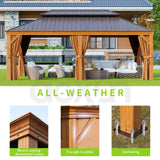 Aoxun 12' x 20' Hardtop Gazebo, Wooden Finish Coated Aluminum Frame Canopy, Galvanized Steel Double Top, Outdoor Permanent Metal Pavilion with Aoxun