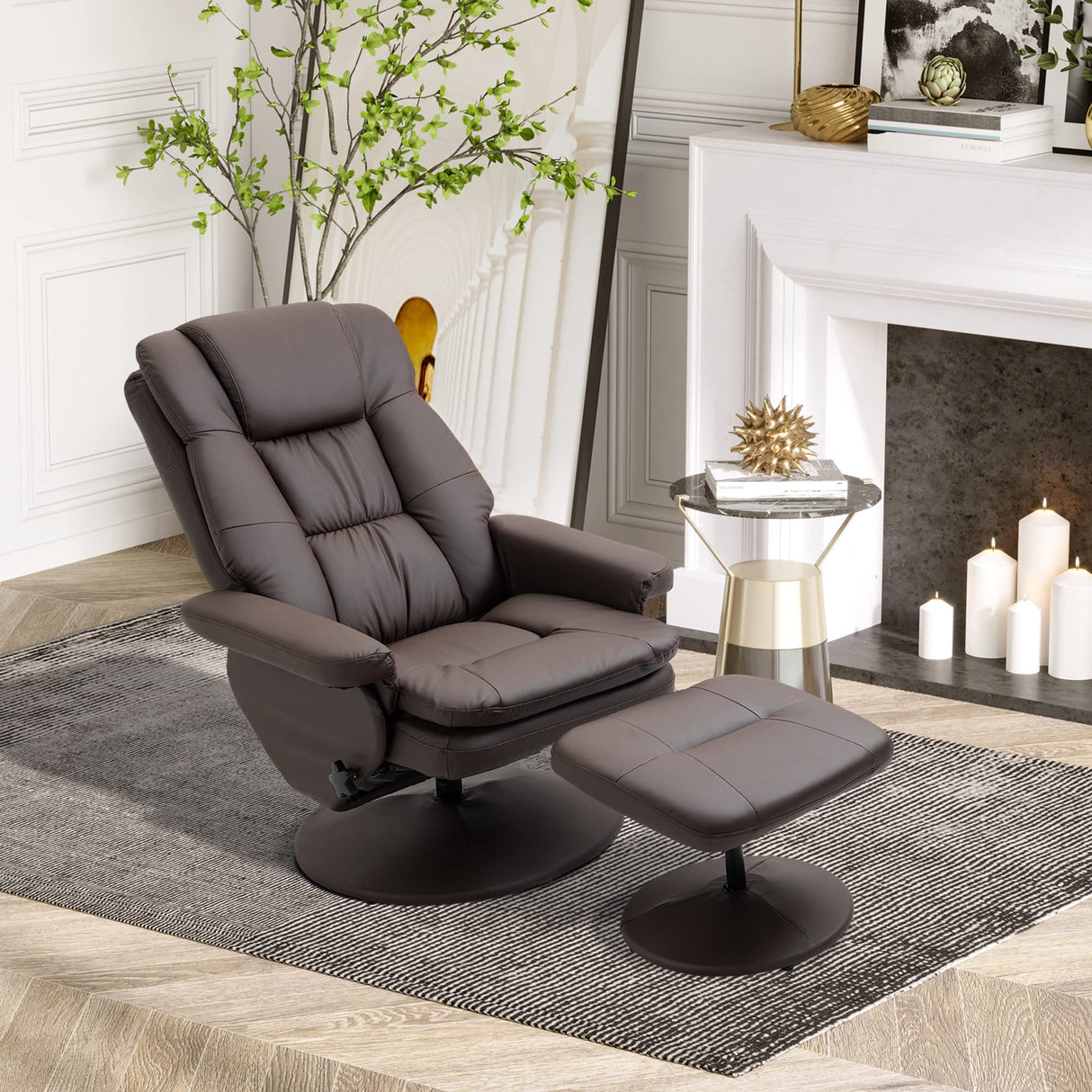 HOMCOM Swivel Recliner with Ottoman, PU Leather Reclining Chair with Ottoman, Upholstered Recliner and Footrest with Wrapped Base for Living Room, Bedroom and Home Office, Brown HOMCOM