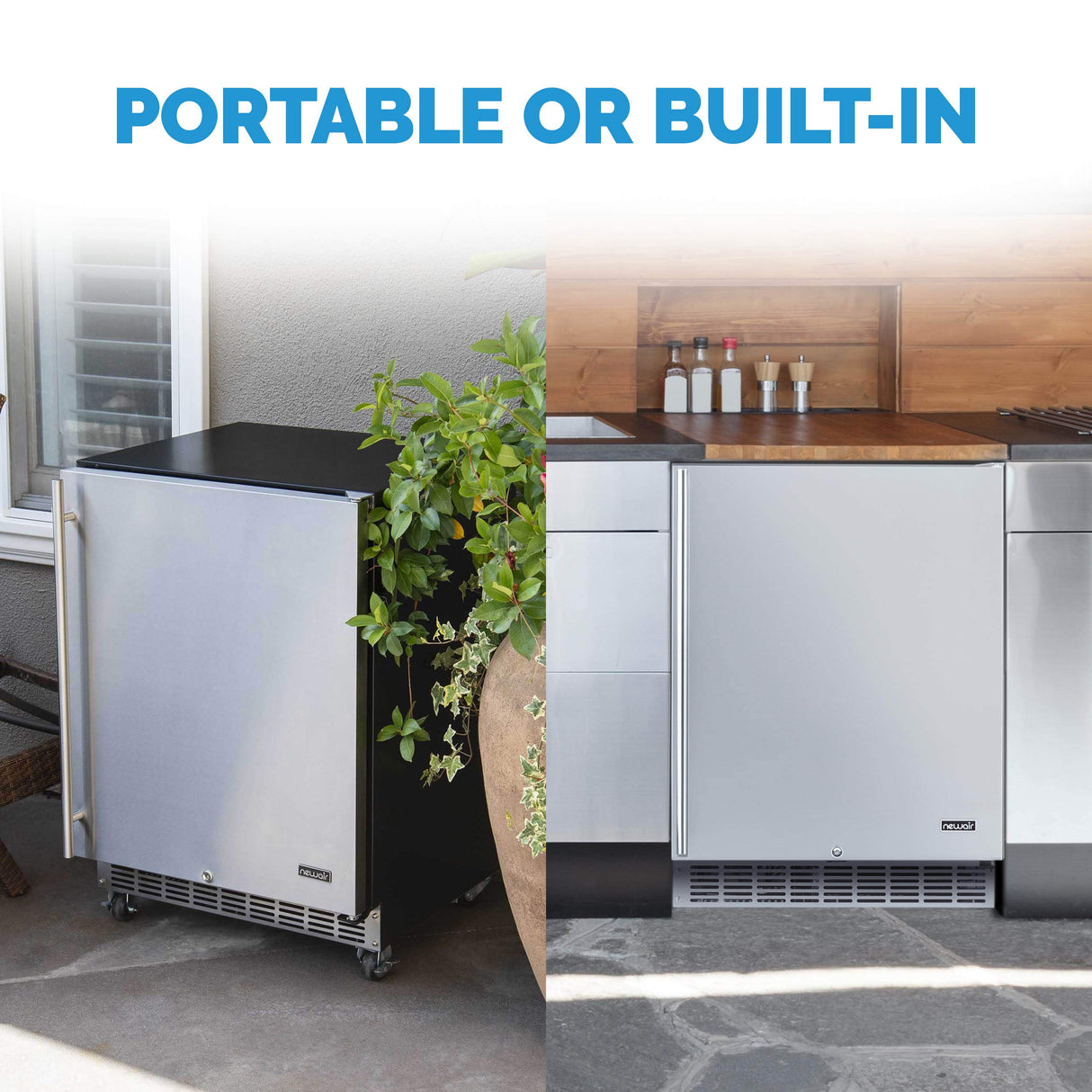 NewAir 24" Built-in 160 Can Outdoor Beverage Fridge in Weatherproof Stainless Steel with Auto-Closing Door and Easy Glide Casters. New Air Mini Fridge, Built-In or Freestanding Outdoor Fridge NewAir