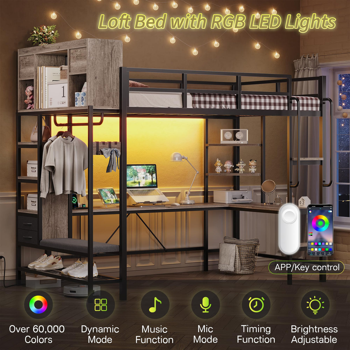 Twin Loft Bed with L-Shaped Desk, Metal Twin Size Loft Bed for Kids with Storage Headboard&Hall Tree, 2 Fabric Drawers, LED Lights&Charging Station, Safety Guard & Ladder, No Box Spring Needed (Gray) Dnxao