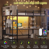 Twin Loft Bed with L-Shaped Desk, Metal Twin Size Loft Bed for Kids with Storage Headboard&Hall Tree, 2 Fabric Drawers, LED Lights&Charging Station, Safety Guard & Ladder, No Box Spring Needed (Gray) Dnxao