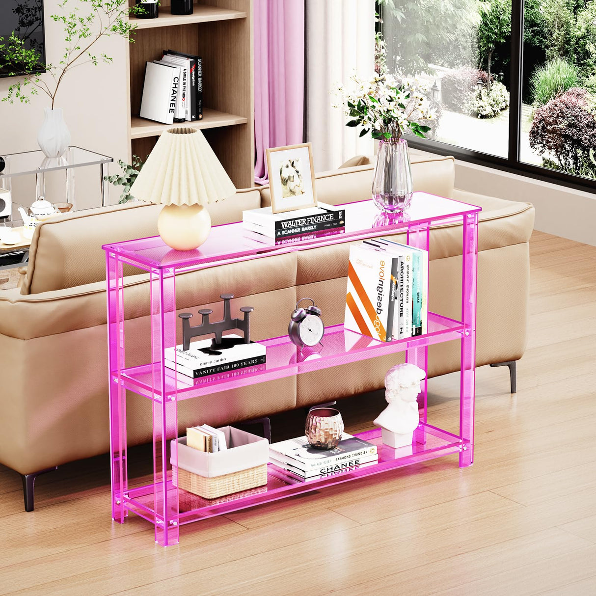 solaround Acrylic Console Table, 3 Tier Entryway Table with Storage Shelves (Pink) solaround