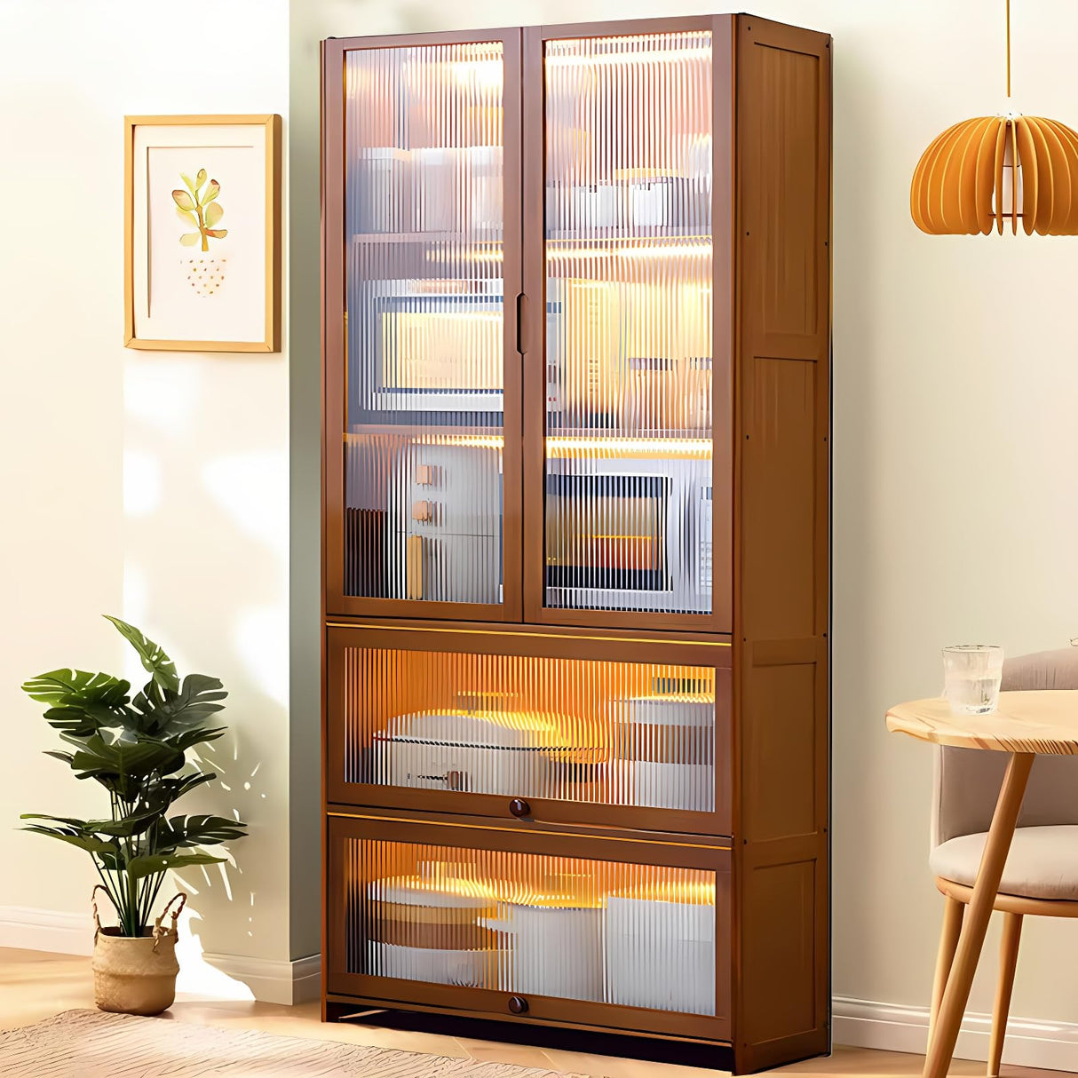 67" Bamboo Kitchen Storage Cabinet with Acrylic Doors – Large Capacity Display Hutch for Living Room and Pantry SNVHA-66