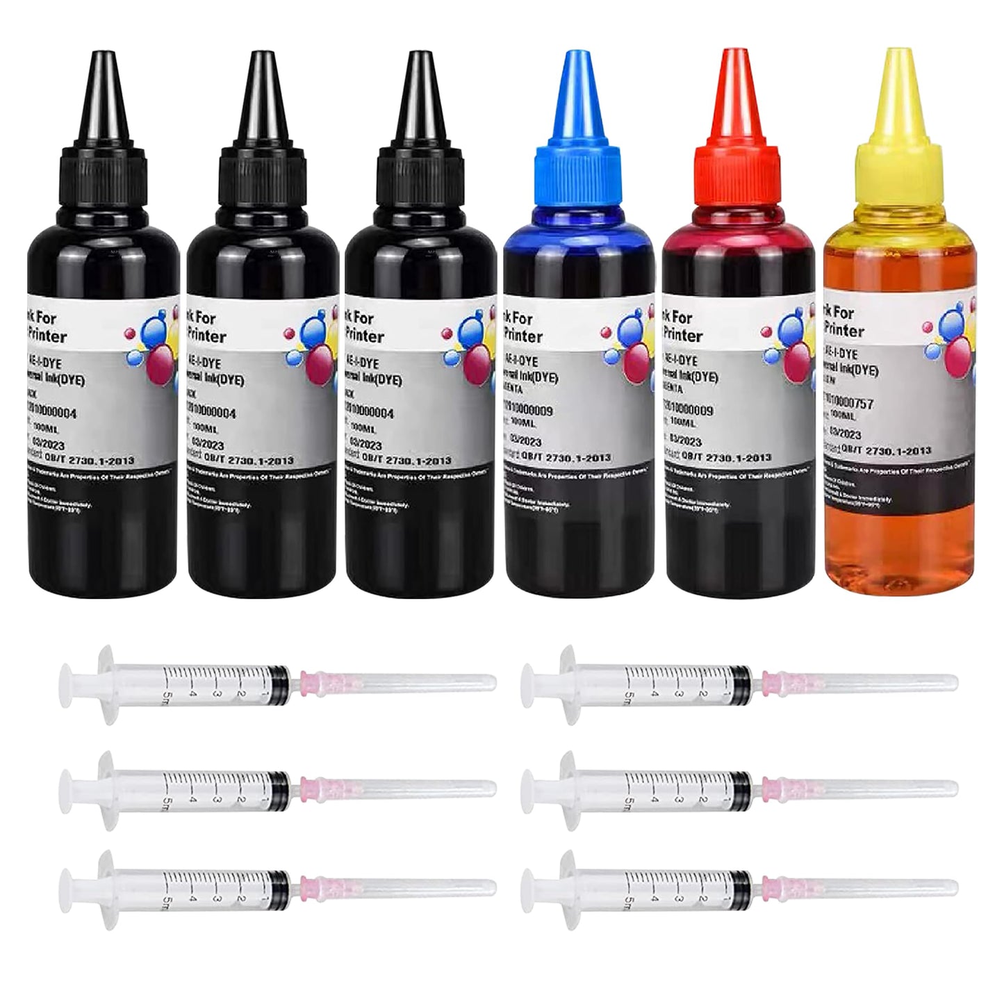 AYMSous 6-Pack Universal Dye Ink Refill Kit for All HP Canon Epsn Brother Printers Compatible Cartridges Refillable Cartridge CISS CIS System with 6 Syringes(6x100ML 3BK, 1C. 1M, 1Y)