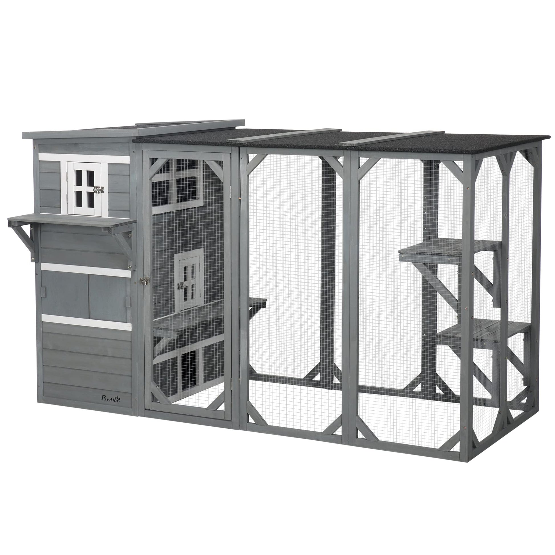 PawHut Outdoor Cat Catio, Large Wood Cat House Enclosure with Multi-Level Design, Weatherproof Roof, Big Hiding Areas, Multiple Platforms, Resting Box, Gray - WoodArtSupply