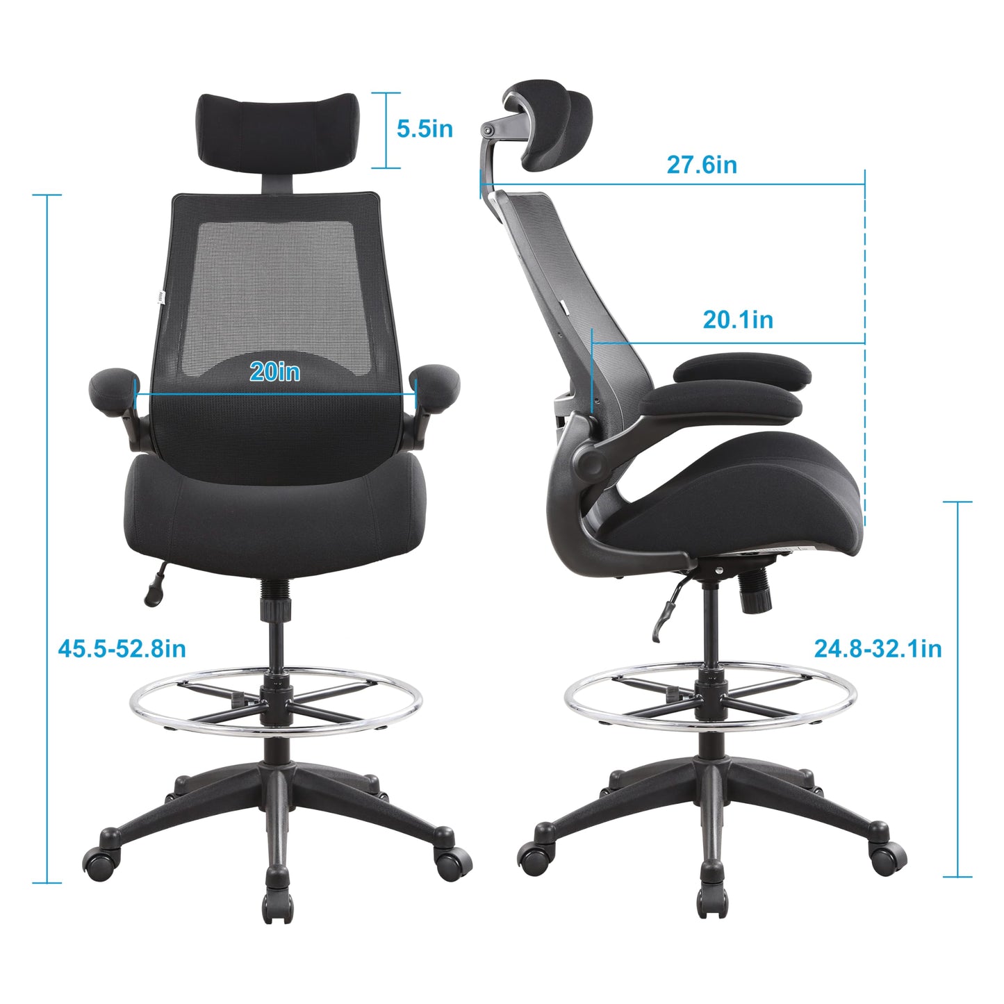 BOLISS High-Back Ergonomic Computer Office Drafting Desk Chair Adjustable Headrest,with Flip-Up Arms Molded Foam Seat Cushion and Lumbar Support and Big Foot Ring-Black