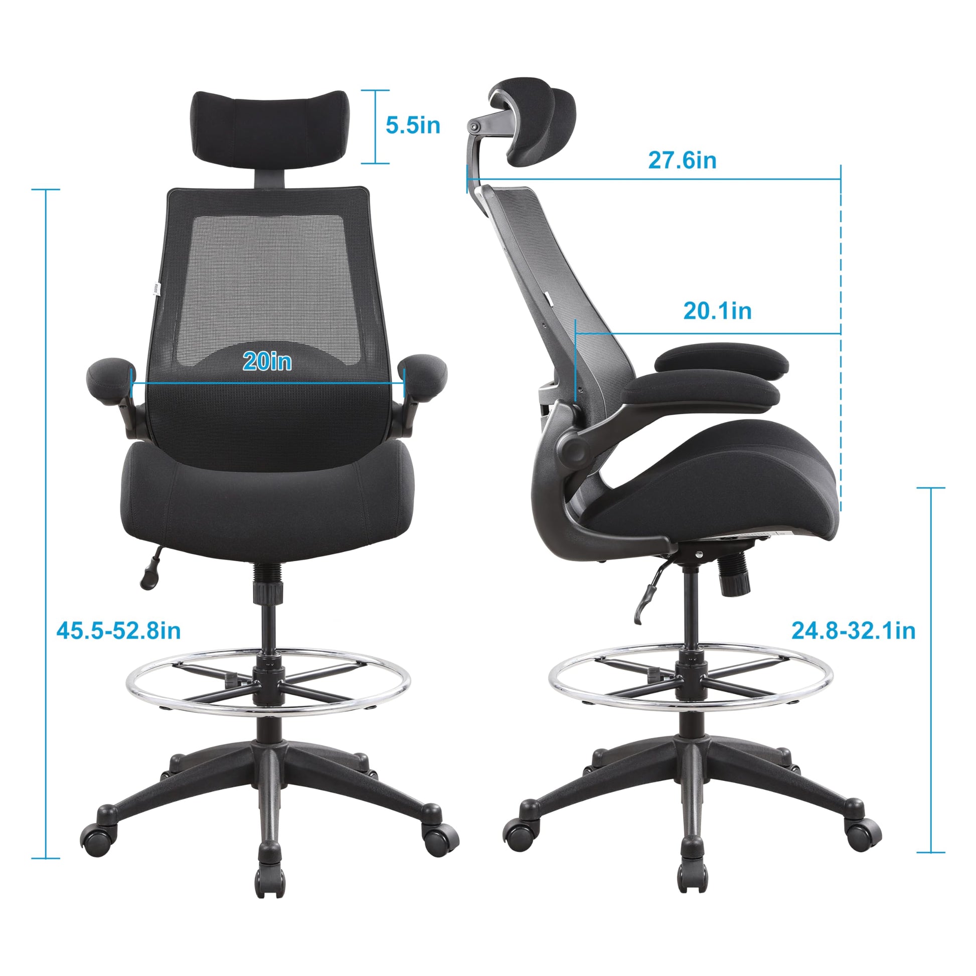 BOLISS Drafting Chair Tall Office Chair with Flip-up Armrests Executive Ergonomic Computer Standing Desk Chair with Lumbar Support and Adjustable Big Footrest Ring (Black) - WoodArtSupply