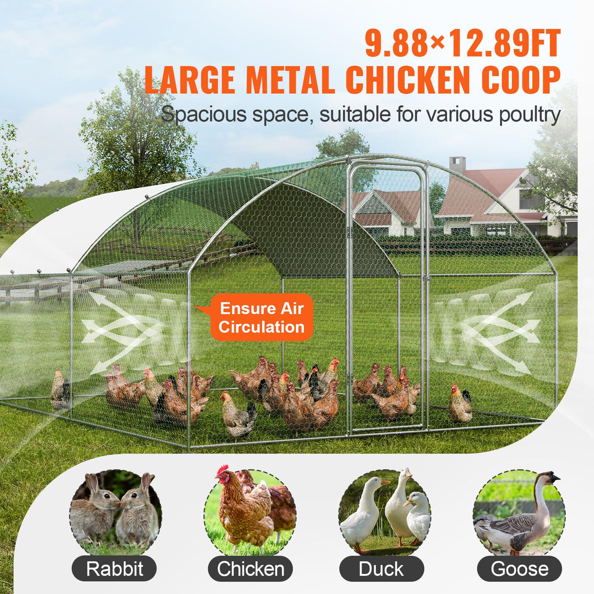 VEVOR Large Metal Chicken Coop with Run, Walkin Poultry Cage for Yard with Waterproof Cover, 13.1 x 9.8 x 6.4 ft Peaked Hen House, Duck and Rabbit, Silver, Spire Roof VEVOR