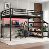 Metal Queen Size Loft Bed with Desk and Storage Stairs,Heavy Duty Loft Bed Frame Queen Size with LED Lights and Charging Station for Kids,Teens,Adults,Black Bellemave