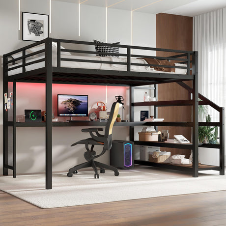 Metal Queen Size Loft Bed with Desk and Storage Stairs,Heavy Duty Loft Bed Frame Queen Size with LED Lights and Charging Station for Kids,Teens,Adults,Black Bellemave