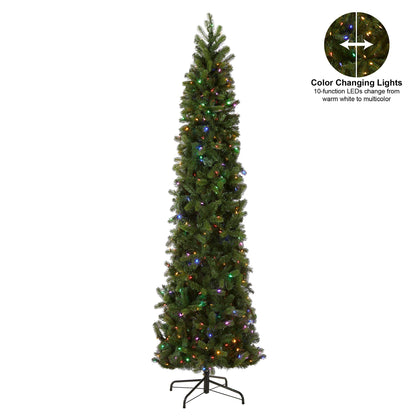 National Tree Company Pre-Lit 'Feel Real' Artificial Slim Downswept Christmas Tree, Green, Douglas Fir, Dual Color LED Lights, Includes PowerConnect and Stand, 9 feet