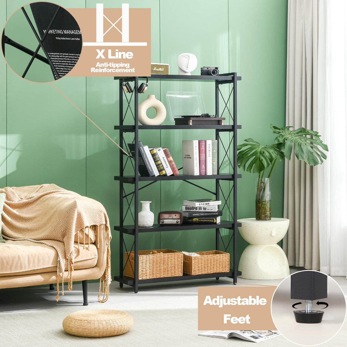 HCHQHS Bookshelf, 5-Tier Industrial Bookcase, Black Open Book Shelf, Freestanding Tall Bookshelves with Metal Frame HCHQHS