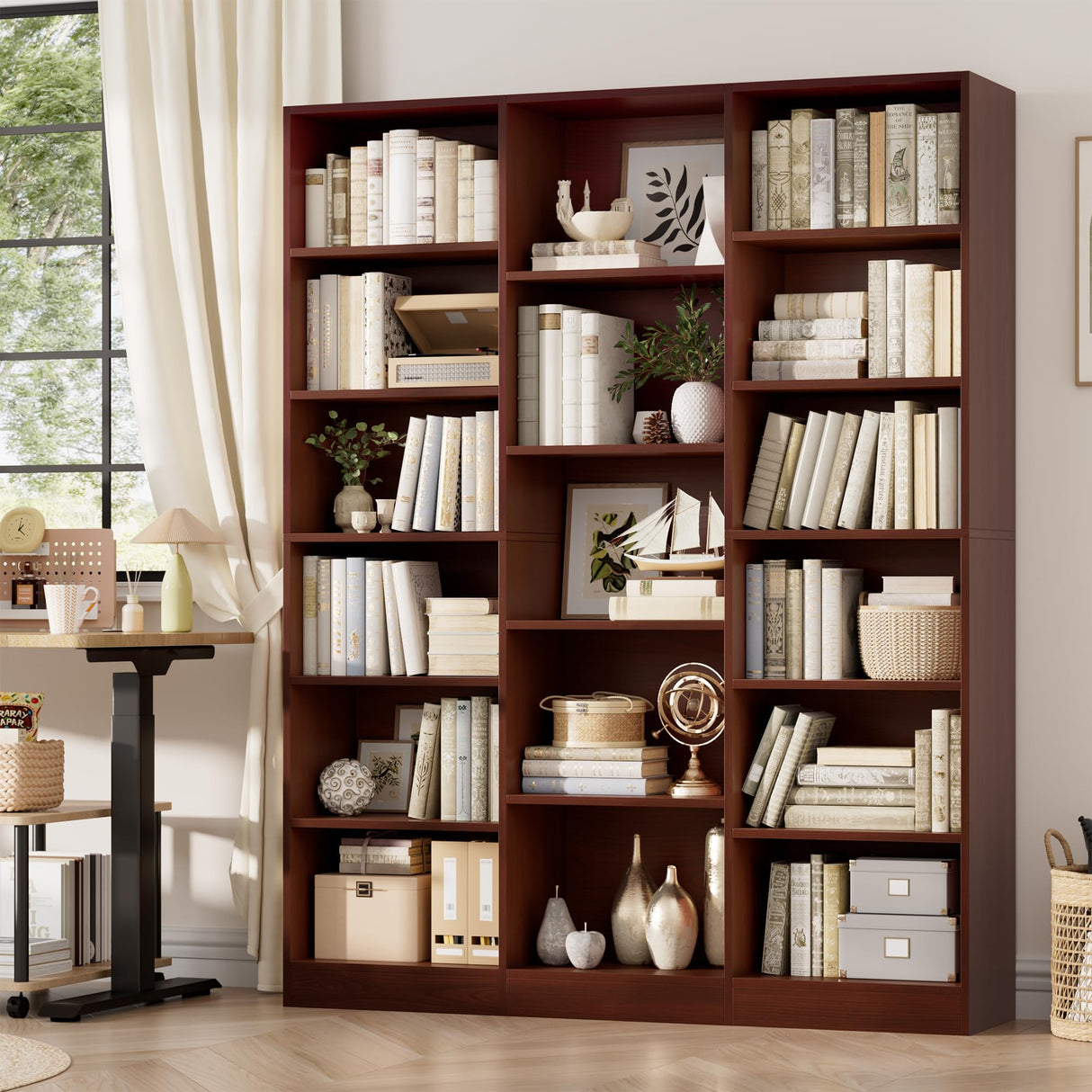 FACBOTALL Triple Wide Bookshelf, 6 Tier Large Bookshelf, Bookcase with 17 Open Display Shelves, 74'' Tall Bookcases and Bookshelves for Living Room, Home Office, Library, Cherry FACBOTALL