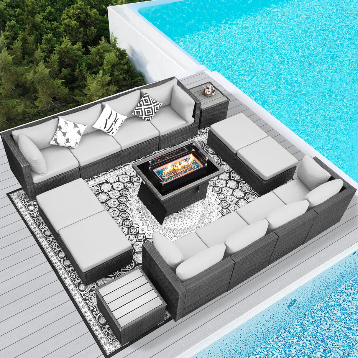 RADIATA PE Wicker Patio Furniture Set Sectional High Back Large Size Sofa Sets with Propane Fire Pit Table 55000 BTU Balcony Rattan Lounge Conversation Sets for Outdoor (15 Pieces,Light Gray) RADIATA