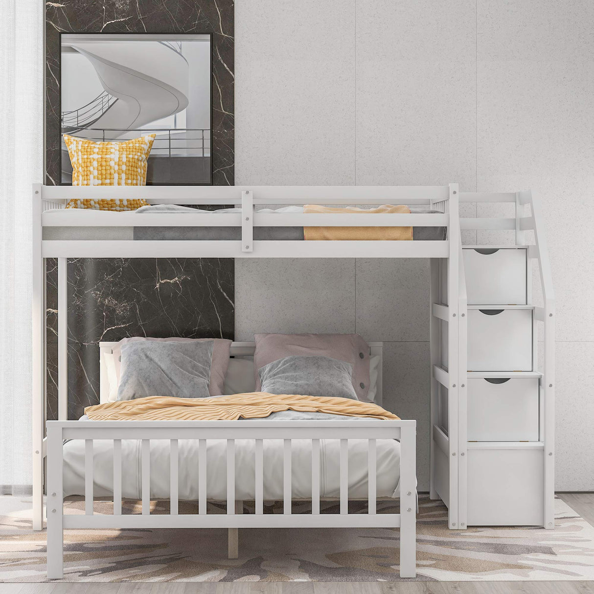 Twin Over Full Bunk Bed, L-Shaped Loft Bed Platform with 3 Storage Staircase, Durable Wood Bedroom Furniture with Safety Guardrail,Convertible Bunk Bed for Family Teens, No Box Spring Needed, White JYH