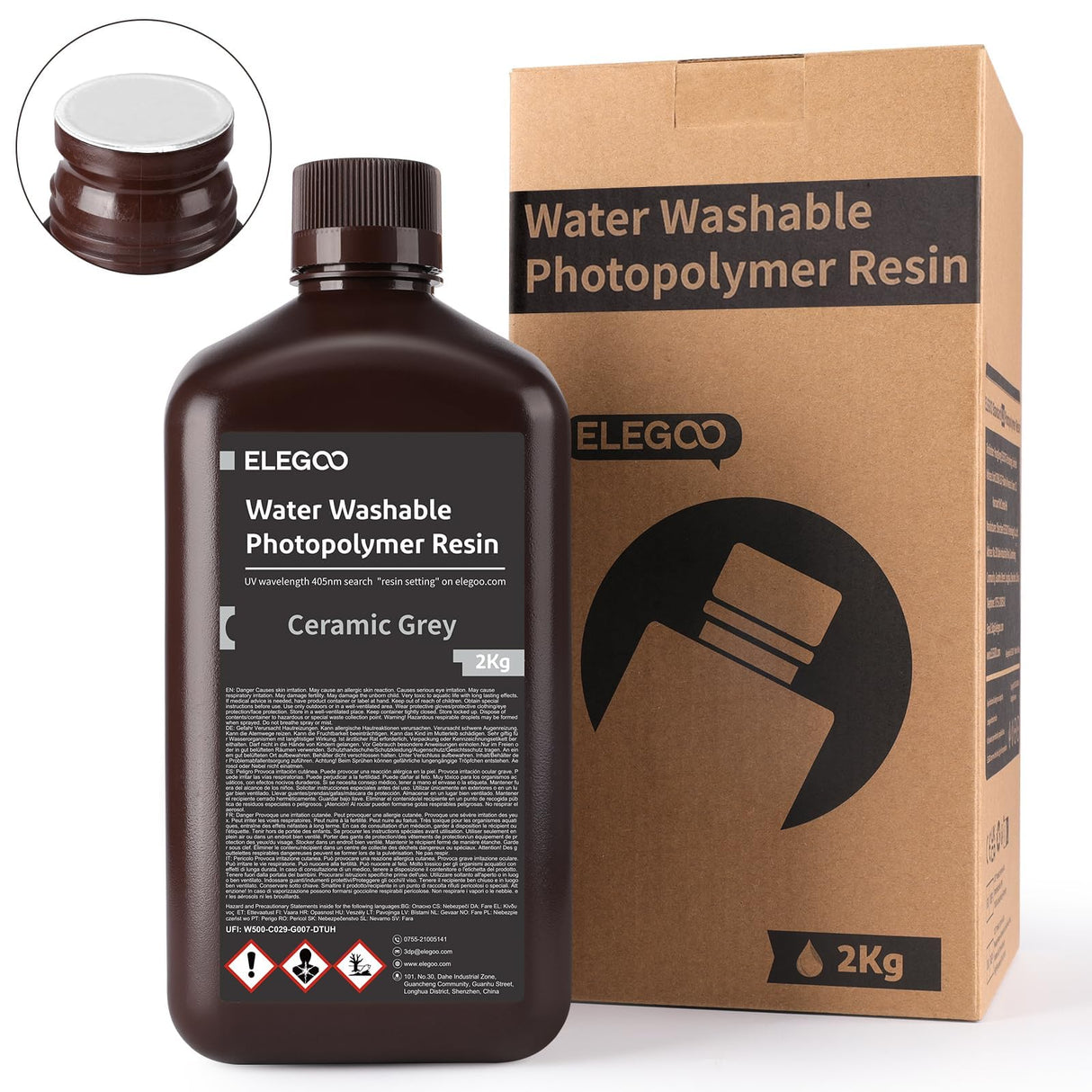 ELEGOO Water Washable 3D Printer Resin 2000g, Precise Printing Liquid Photopolymer Resin, Low Shrinkage 405nm Curing Resin for LCD 3D Printer, Grey ELEGOO