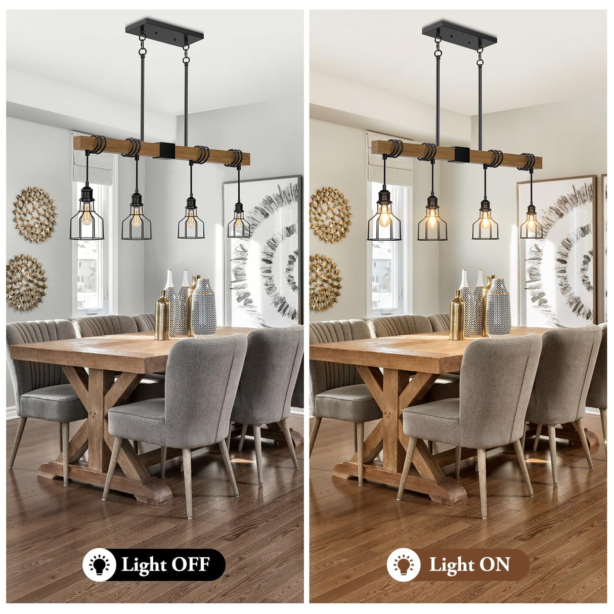 4-Light Kitchen Island Lighting, 63" Adjustable Height Pendant Light Fixtures Black Metal & Rustic Wood Modern Dining Room Chandelier Over Table with E26 Base for Farmhouse Bar SIAFAVOI