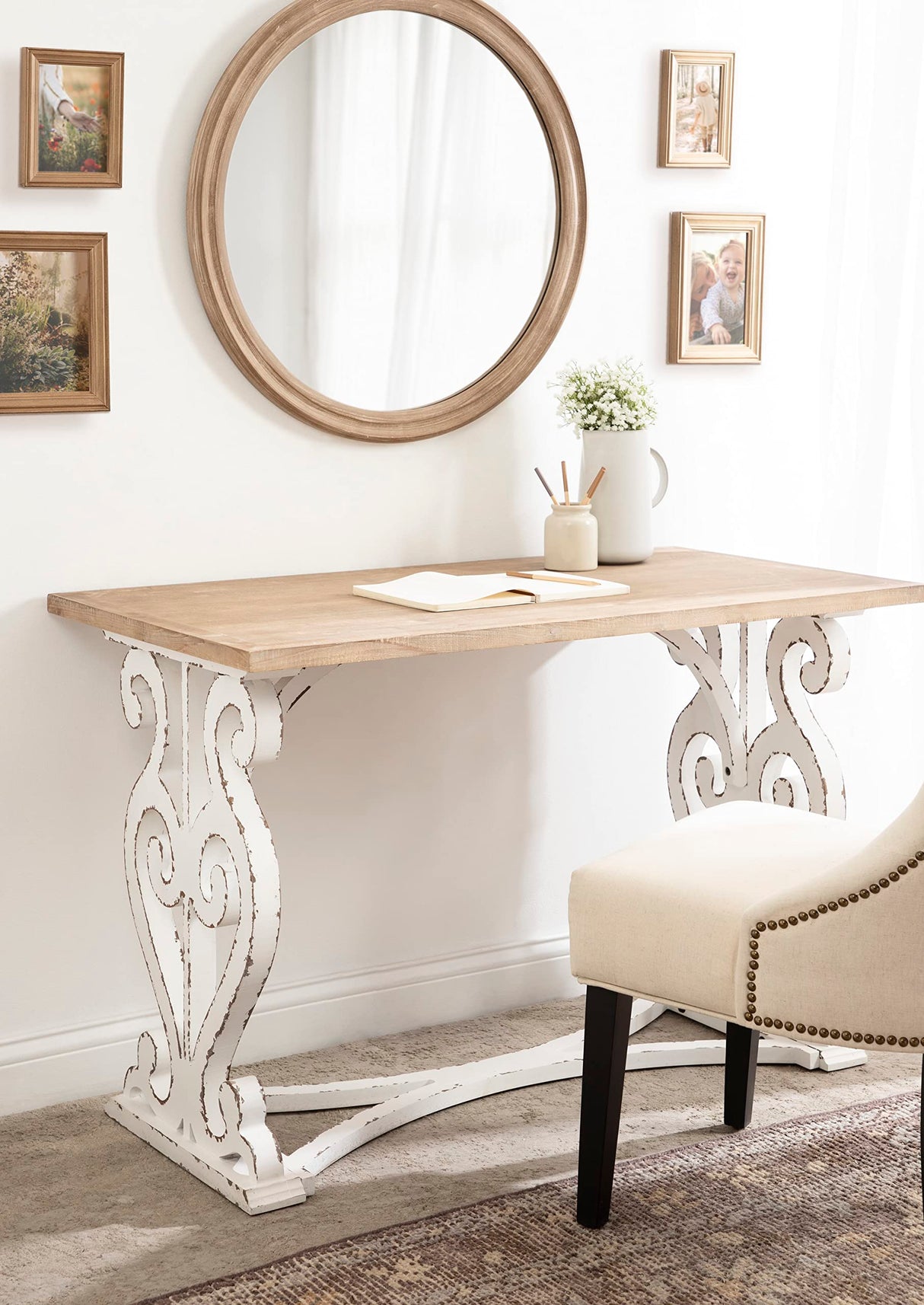 Kate and Laurel Wyldwood Farmhouse Wooden Desk, 46 x 24 x 30, Brown and White, Rustic Carved Wood Computer Desk for Functional and Stylish Home Office Decor Kate and Laurel