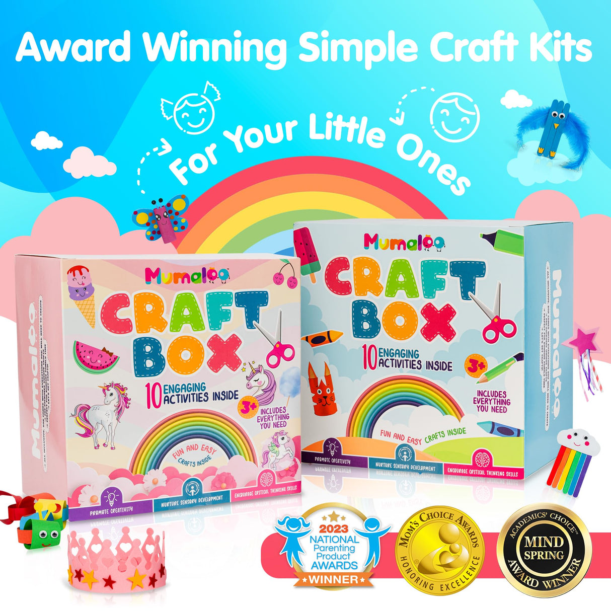 Mumaloo Unicorn Craft Box - 10 Fun Arts and Crafts for Kids Ages 4-8, No Mess, Educational, Mermaid Art Projects, Toddler Crafts & Activities Kit with Supplies, Gift for Girls 3 4 5 6 7 8 Years Old Mumaloo