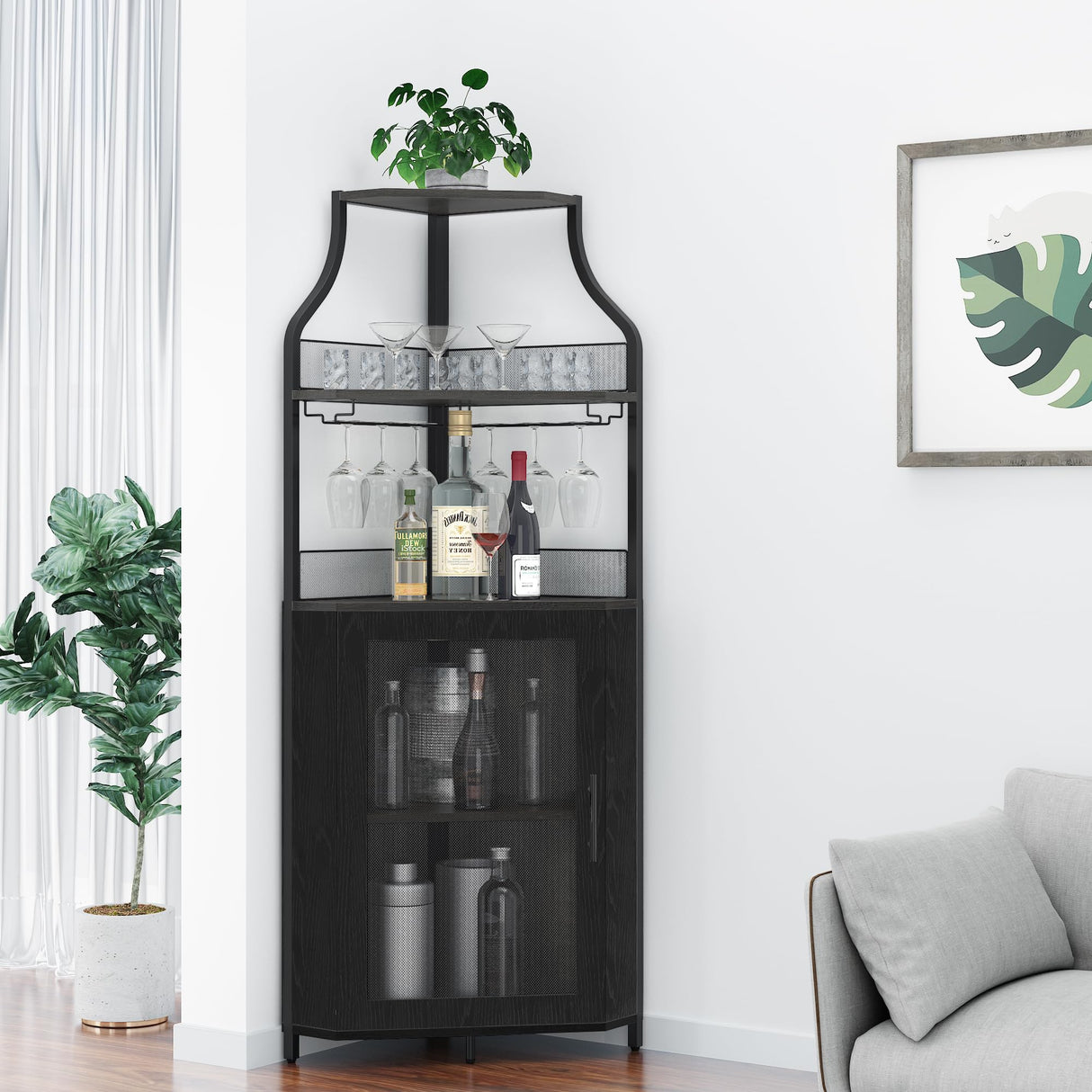 coucheta Corner Bar Cabinet, Wine Bar Cabinet with Glass Holder and Large Storage Space, Corner Liquor Cabinet with Mesh Door and Adjustable Shelf, Black coucheta
