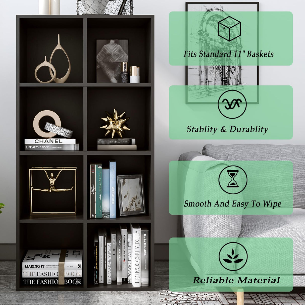 OSCHF 8-Cube Storage Shelf Bookcase - Wooden 4-Tier Floor Standing Open Bookshelf, Modern TV Stand up to 55 Inchs for Home and Office, Black OSCHF