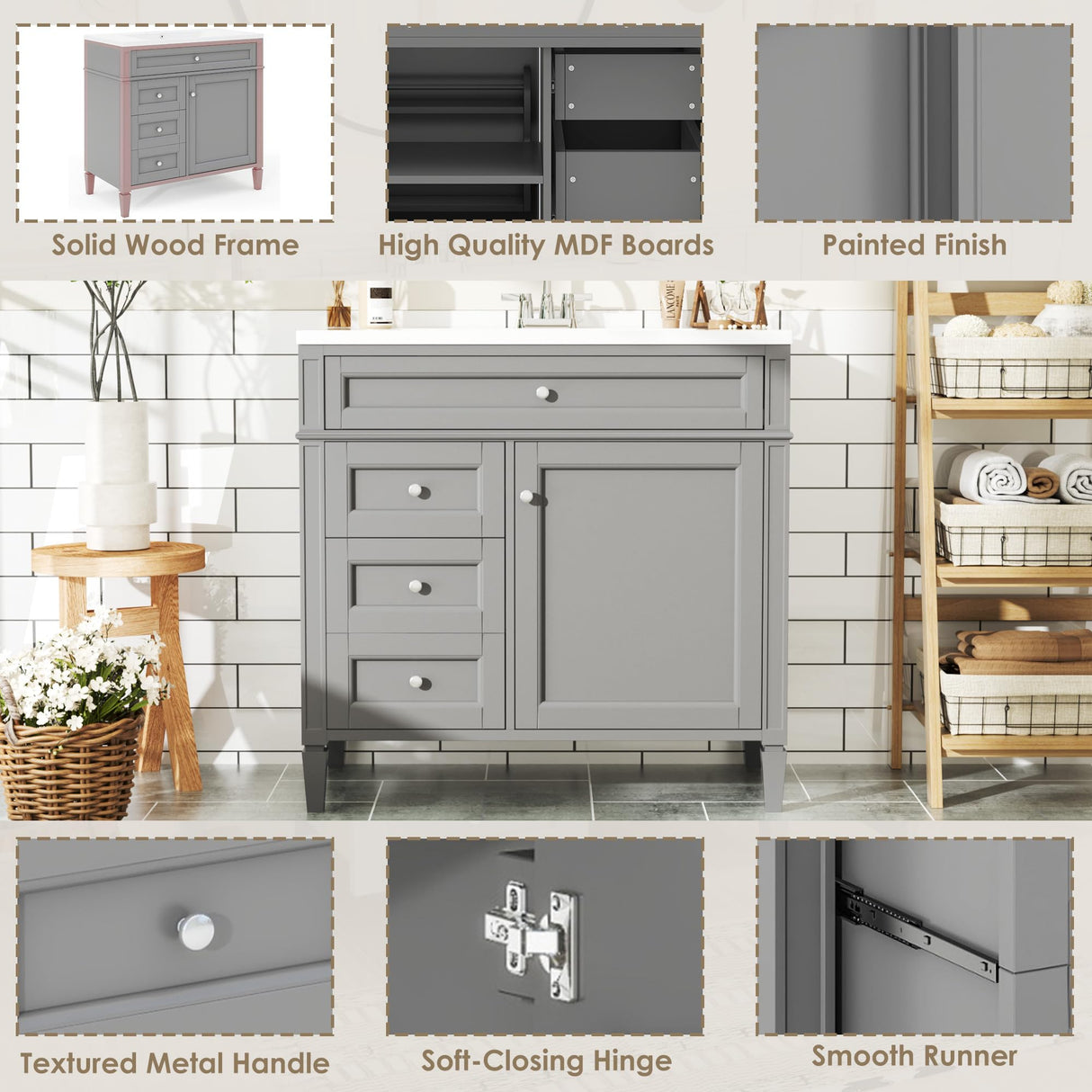 Merax 36 Inch Bathroom Vanity with Sink Combo, Solid Wood Frame Bathroom Vanities with 2 Drawers & Soft Closing Doors & Tip-Out Drawer, Modern Bathroom Sink Cabinet with Undermount Sink Merax