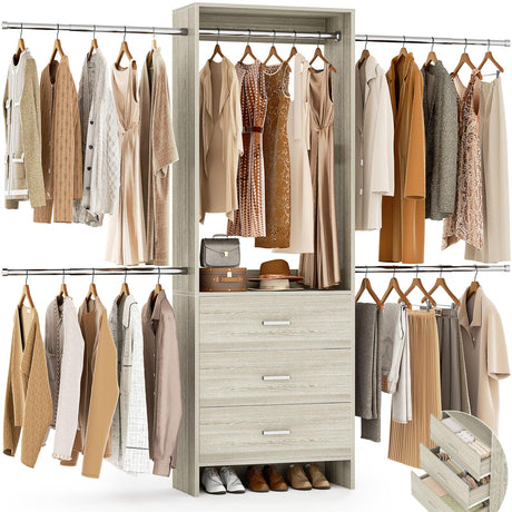 Aheaplus Closet System, Closet Organizer with 3 Wooden Drawers, Closet Organizer System, Walk-in Closet Wardrobe Clothes Rack with 4 Hanging Rods, Garment Rack, -4R,White Oak Aheaplus