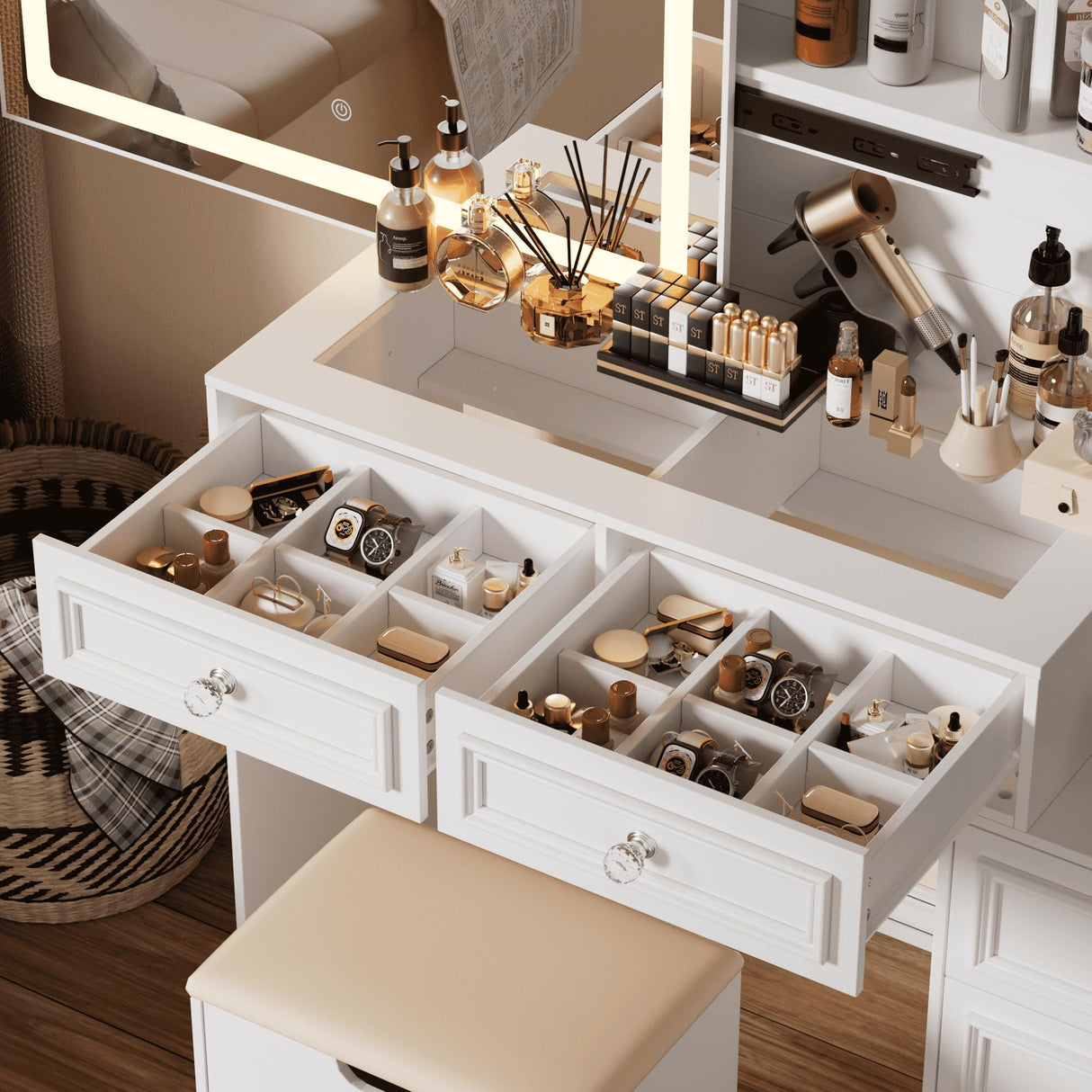 PAKASEPT Vanity Desk with Sliding Mirror and Lights, 44" Makeup Vanity Table with Glass Top, 5 Drawers, Storage Cabinet, 2 Hidden Storage Shelves, Charging Station & Stool Set for Bedroom, White PAKASEPT