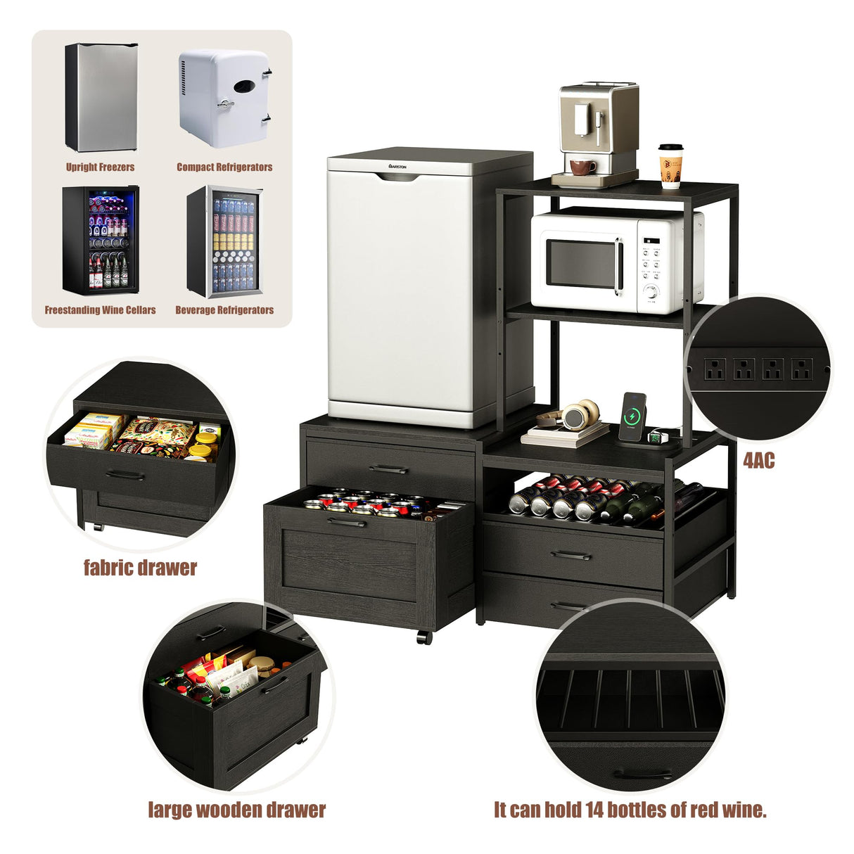 Herture Mini Fridge Stand with Wine Rack, Kitchen Bakers Rack with Power Outlet, Microwave Oven Stand, Coffee Bar, Movable Drawers, for Dorm,Office, Black HB04BXB Herture