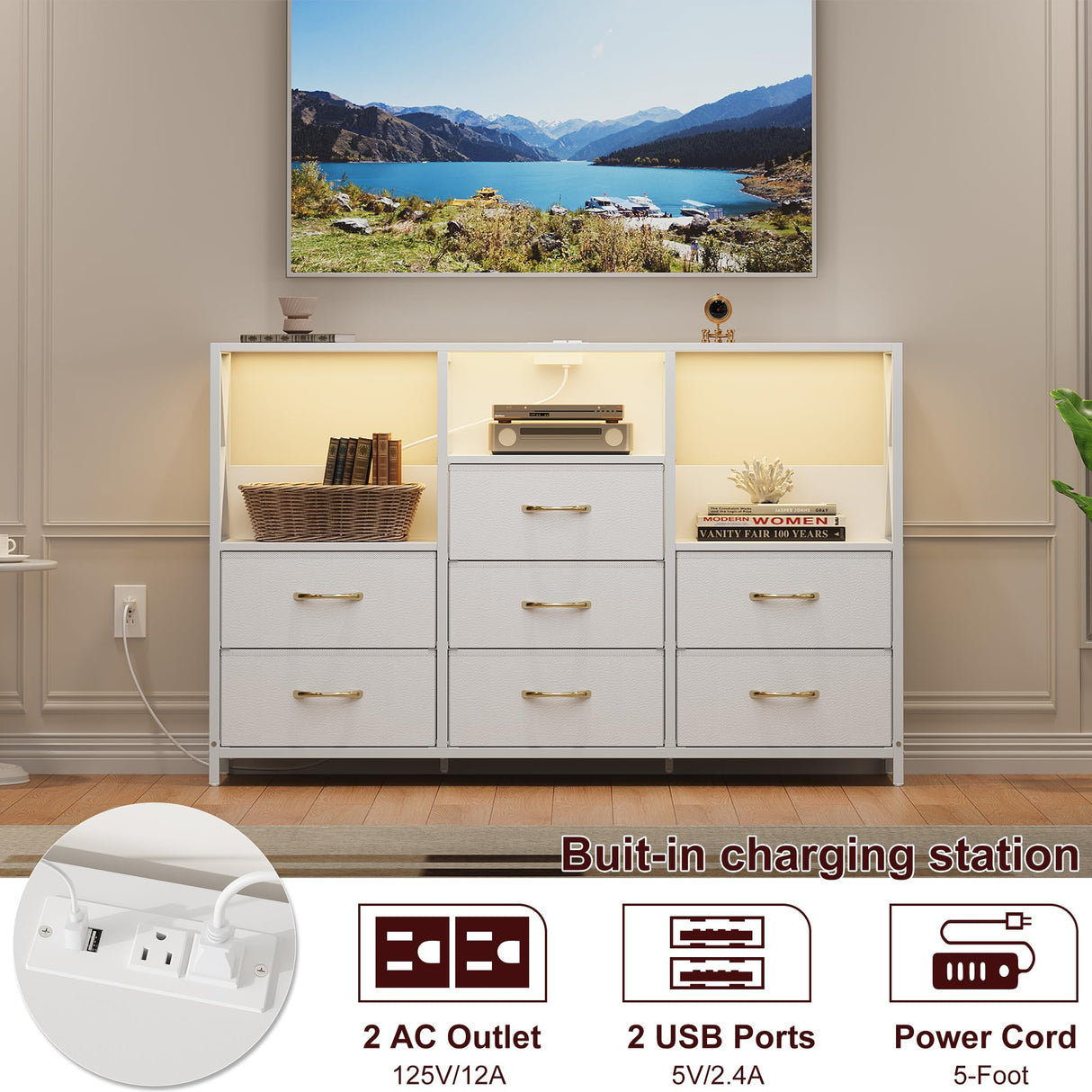Decofy Dresser for Bedroom with Power Outlets and LED Lights, 7 Drawers TV Stand Dresser for 65 Inch TV, Chest of Drawers with Open Shelf, Wide White Dresser, 𝐏𝐔 𝐋𝐞𝐚𝐭𝐡𝐞𝐫, for Bedroom, Closet Decofy