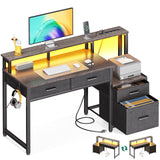 AODK 48-Inch Computer Desk with File Cabinet and Fabric Drawers, Reversible Office Desk with LED Strip and Power Strip, Gaming Desk with Monitor Riser, Writing/Study Table for Home, Oak Grey AODK