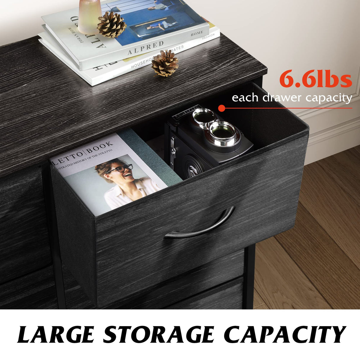 WLIVE Fabric Dresser for Bedroom, 6 Drawer Double Dresser, Storage Tower with Fabric Bins, Chest of Drawers for Closet, Living Room, Hallway, Charcoal Black Wood Grain Print WLIVE