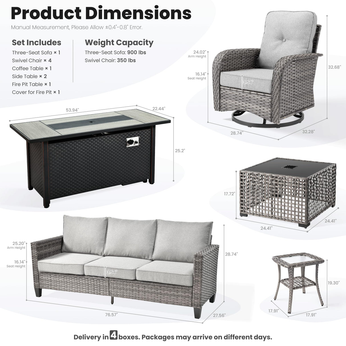 ovios 9 Pieces Patio Furniture Set, Outdoor Wicker Sofa Couch with Rocking Swivel Chairs Fire Pit Table, Modern Deep Seat Rattan Conversation Sets for Porch Deck, Dark Grey ovios