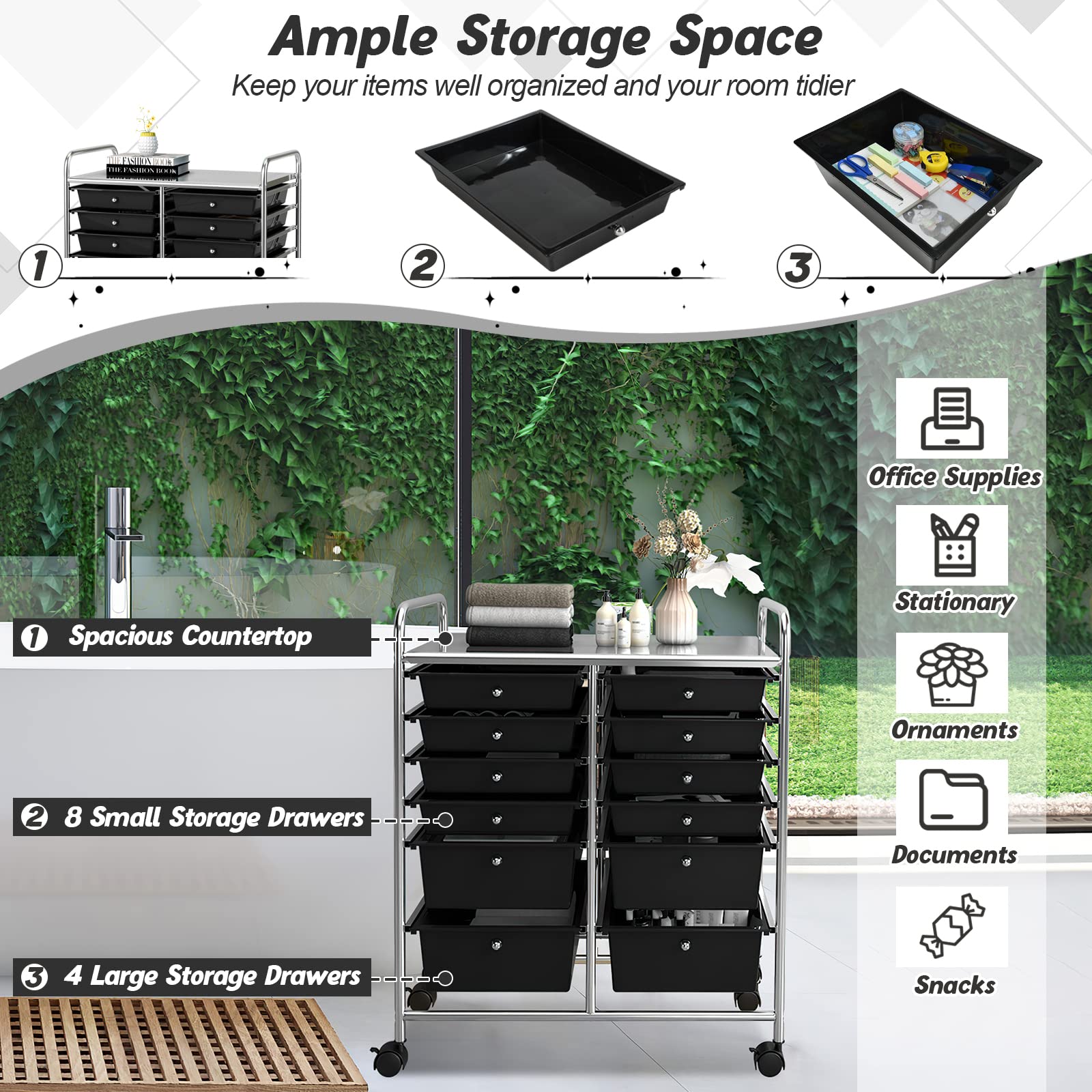 COSTWAY 12-Drawer Rolling Storage Cart, Moveable Art Craft Organizer W/Lockable Wheels, Metal Shelf, Files Arrangement Tools Makeup Storage Cart for Office, Home, School (Black) - WoodArtSupply