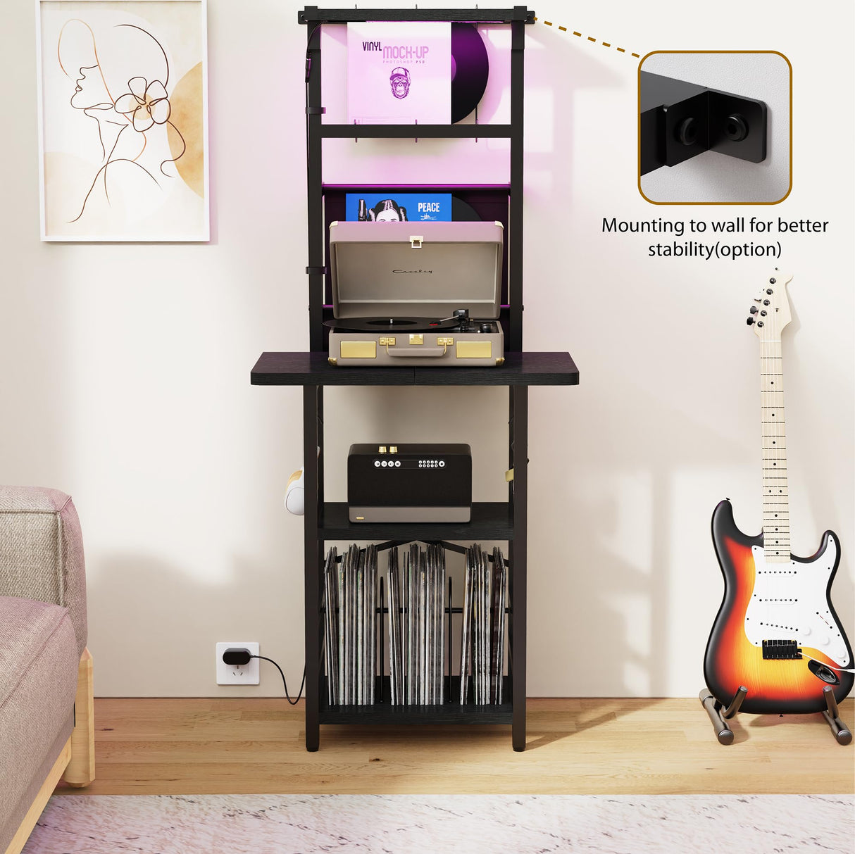 YAKANJ Record Player Stand with Led Light,Record Player Table with Vinyl Storage,Turntable Stand with Record Holder Vinyls Display Shelf for Music Room Studio,Black YAKANJ