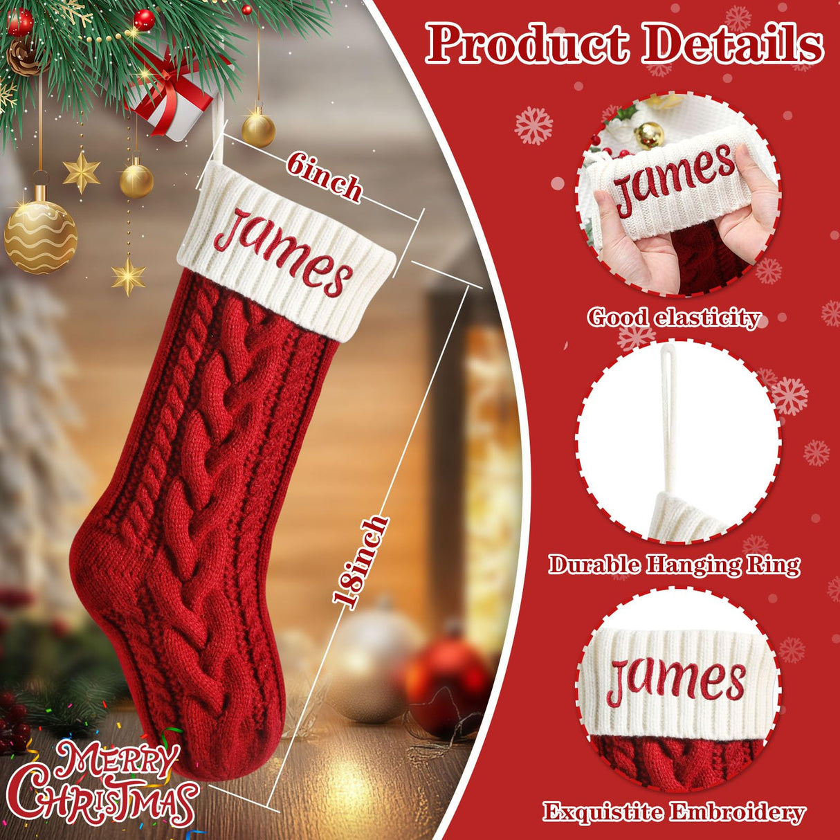 Personalized Christmas Stockings, 18” Large Custom Stockings with Embroidered Name, 1 Pack Knitted Xmas Stocking for Kids,Holiday and Family Stocking for Fireplace Christmas Party Decoration (A) Tarwanear