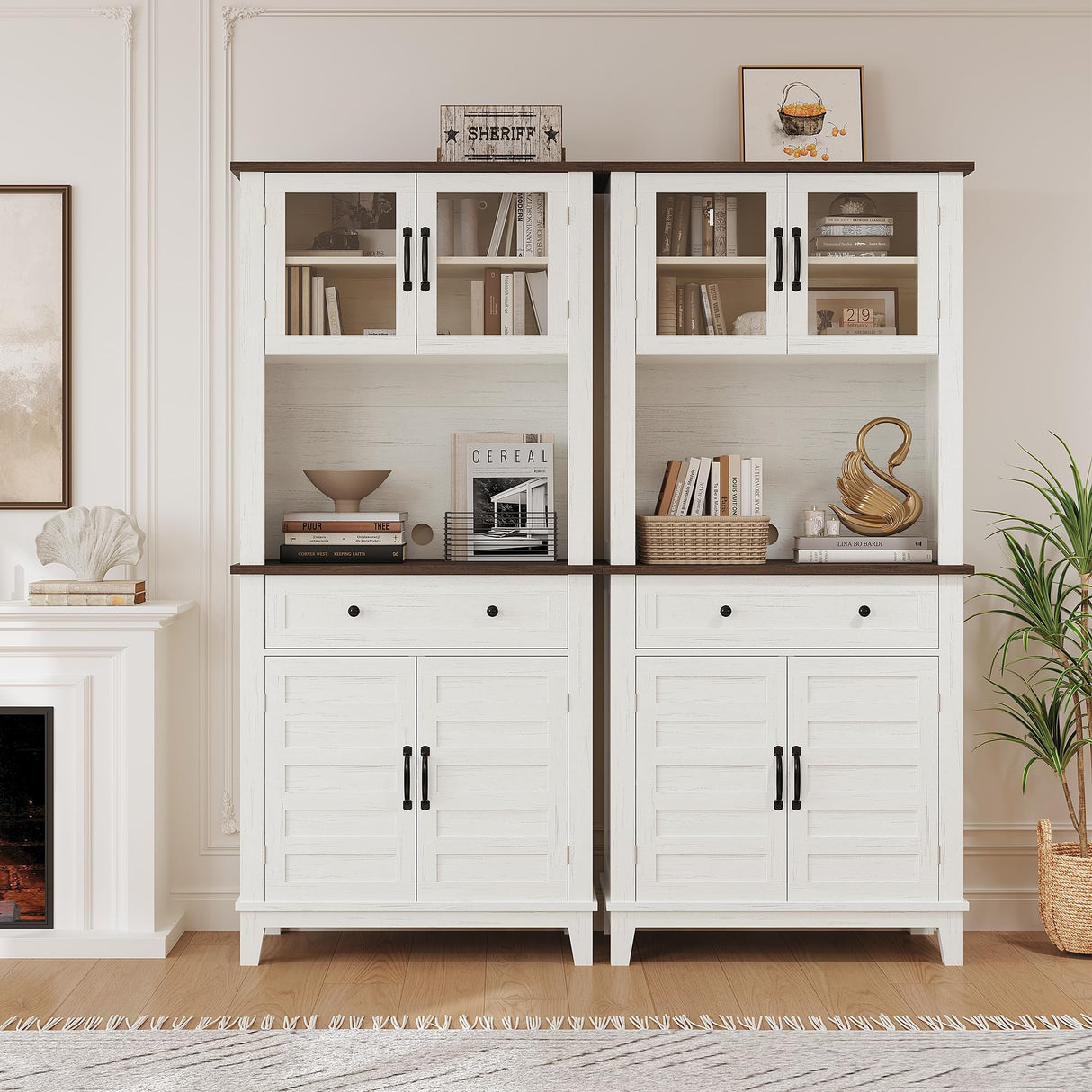 Garvee Kitchen Pantry, 72" Farmhouse Coffee Bar Table with Storage Drawers & Glass Doors, Stand Cabinet for Kitchen, Dining Room Garvee