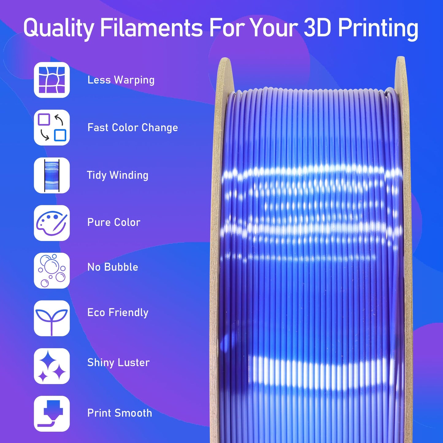 MIKA3D 3D Printer Filament Silk PLA Purple Color Change to Silk Sapphire Blue, 1.75mm 3D Printing Filament, 2 Color Change Multi Colored Silk PLA, 1KG Silk PLA Purple to Blue - WoodArtSupply