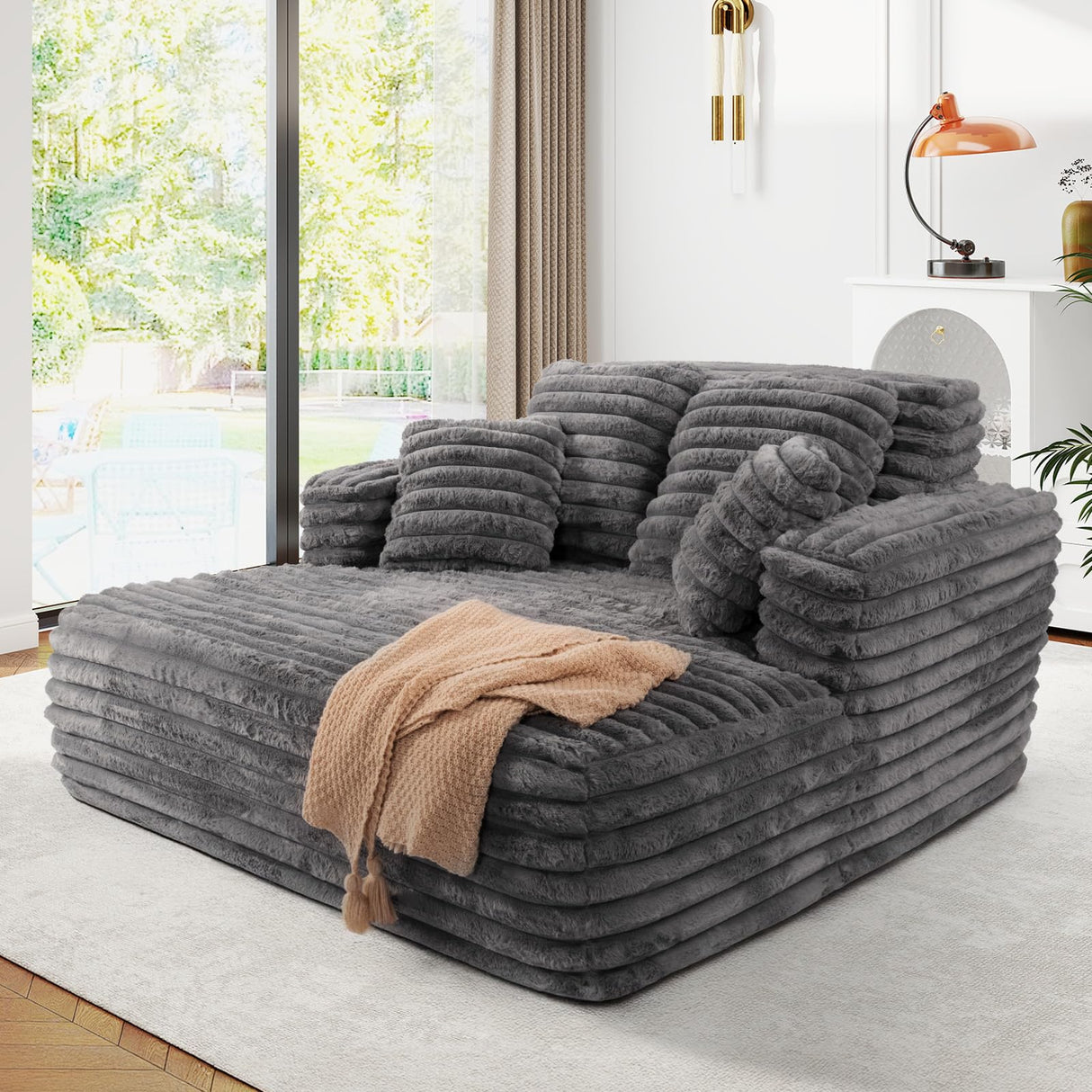 JEEOHEY 56"W Oversized Chaise Lounge Chair Indoor,Plush Faux Fur Sleeper Sofa Couch Bed with Pillows&Wide Armrest,Fluffy Comfy Cloud Sofa,Compression Foam Boneless Couch for Living Room,Bedroom(Grey) JEEOHEY