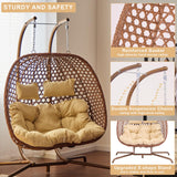 Double Swing Egg Chair with Stand, Hexagon Rattan Wicker Swing Chair Outdoor, Large 2 Person Patio Hanging Chair with Foldable Loveseat Removable Cushions (Beige) WALTSOM