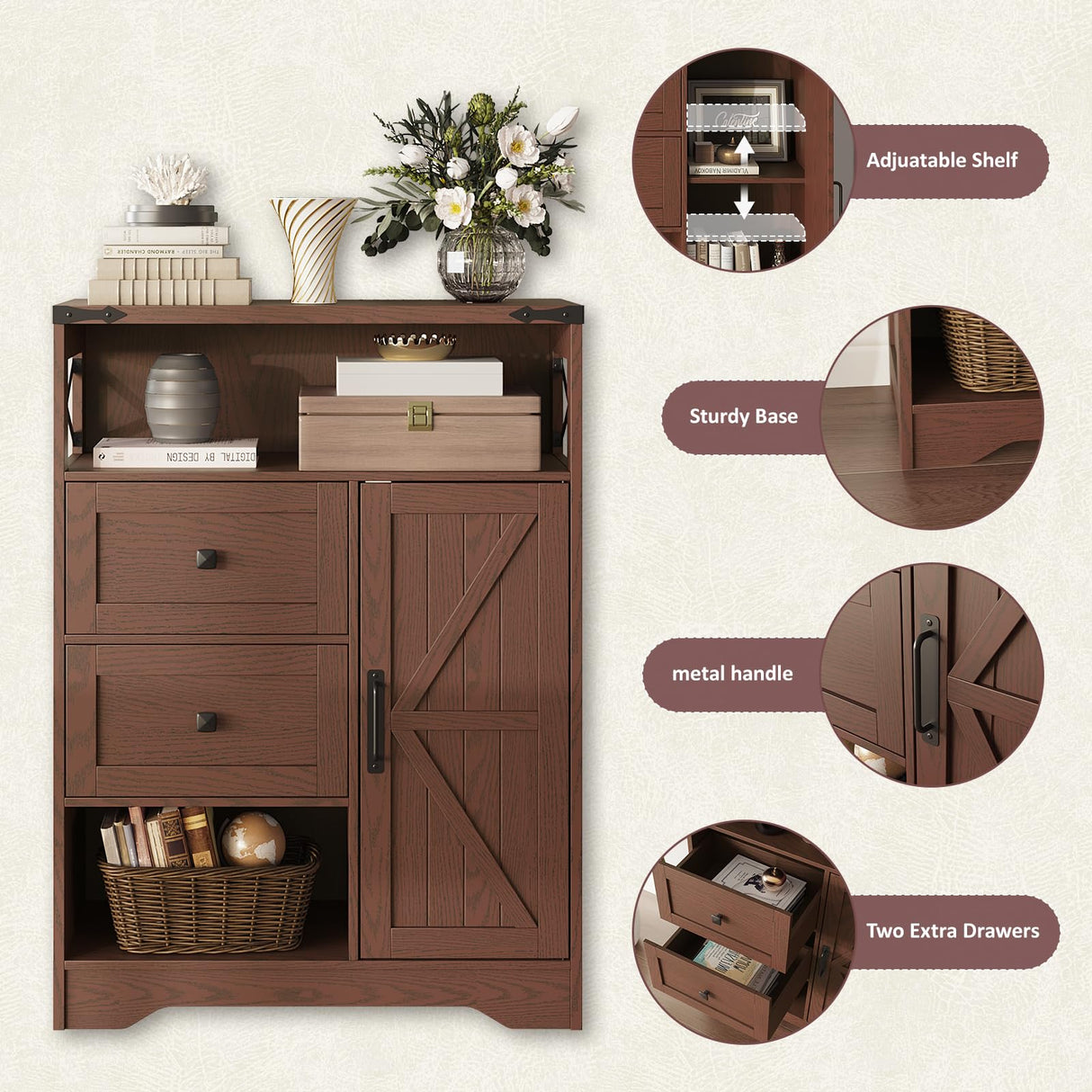 Fameill Farmhouse Storage Cabinet with 2 Drawers&Shelves,Freestanding Storage Cabinet with Doors&Open Storage,Floor Storage Cabinet for Living Room,Bathroom,Kitchen,Laundry,Red Walnut Fameill